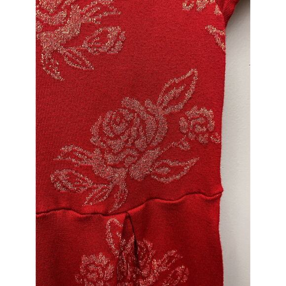 T/O Sweater Dress Womens Medium Metallic Red‎ Gold Floral Drop Waist Knit - Picture 7 of 9